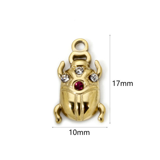 Изображение 1 ШТ Экологичное вакуумное PVD-покрытие 304 Нержавеющая Сталь Насекомое Подвески Божья Коровка 14K настоящее золото с покрытием Фуксия Горный Хрусталь 17мм x 10мм
