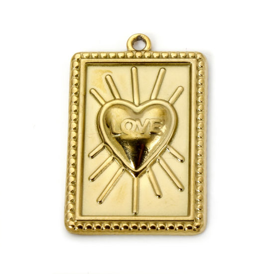 Image de 2 Pcs Breloques en 304 Acier Inoxydable Revêtement sous Vide PVD Respectueux de l'Environnement Religieux Rectangle Plaqué Or Véritable 18K Coeur de Ex-Voto 28mm x 18mm