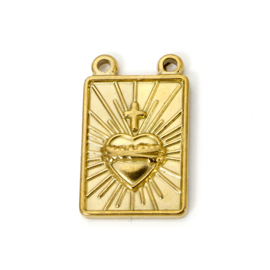 Image de 2 Pcs Breloques en 304 Acier Inoxydable Revêtement sous Vide PVD Respectueux de l'Environnement Religieux Rectangle Plaqué Or Véritable 18K Coeur de Ex-Voto 21mm x 13mm