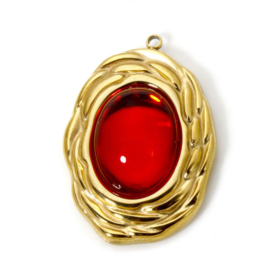 Immagine di 1 Pz Placcatura Sottovuoto PVD Ecologica 304 Acciaio Inossidabile Ciondoli Ovale 18K Vero Oro Placcato Rosso Con Resina Cabochons 3.1cm x 2.2cm