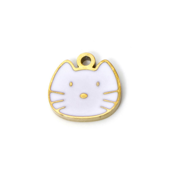 Immagine di 2 Pz Placcatura Sottovuoto PVD Ecologica 304 Acciaio Inossidabile Ciondoli Gatto 18K Vero Oro Placcato Bianco Smalto 10mm x 10mm