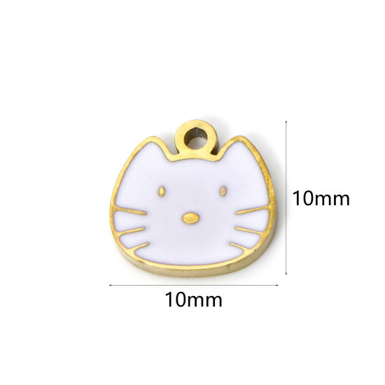 Immagine di 2 Pz Placcatura Sottovuoto PVD Ecologica 304 Acciaio Inossidabile Ciondoli Gatto 18K Vero Oro Placcato Bianco Smalto 10mm x 10mm