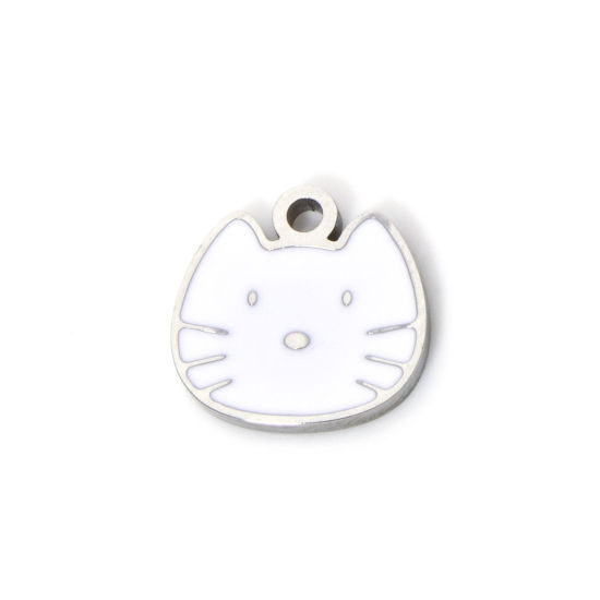 Immagine di 2 Pz Placcatura Sottovuoto PVD Ecologica 304 Acciaio Inossidabile Ciondoli Gatto Tono Argento Bianco Smalto 10mm x 10mm