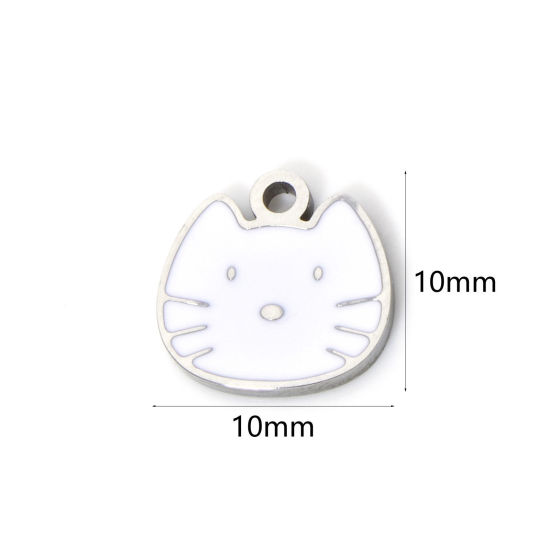Immagine di 2 Pz Placcatura Sottovuoto PVD Ecologica 304 Acciaio Inossidabile Ciondoli Gatto Tono Argento Bianco Smalto 10mm x 10mm