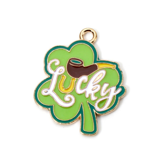 Picture of 10 PCs Zinc Based Alloy St Patrick's Day Charms Gold Plated Green Leaf Clover Shamrock Message " Lucky " Enamel 26mm x 21mm