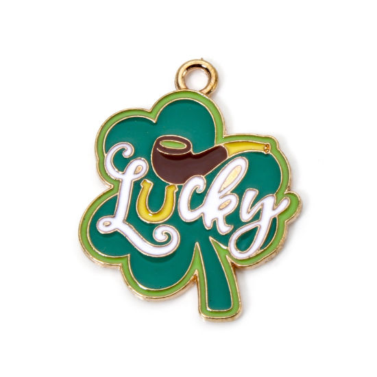 Picture of 10 PCs Zinc Based Alloy St Patrick's Day Charms Gold Plated Green Leaf Clover Shamrock Message " Lucky " Enamel 26mm x 21mm