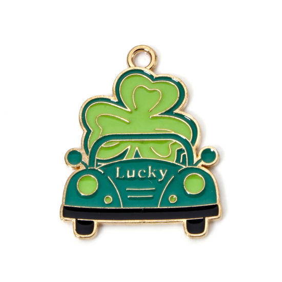 Image de 10 Pcs Breloques Fête de la St Patrick en Alliage de Zinc Doré Vert Voiture Trèfle Mots " Lucky " Émail 27mm x 22mm