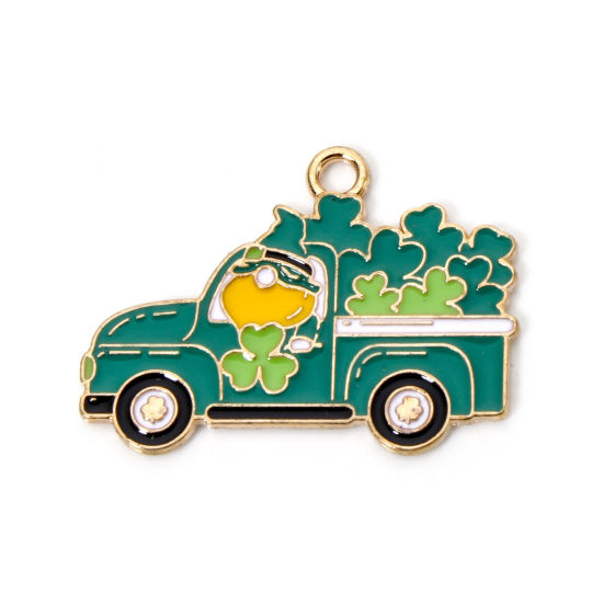 Picture of 10 PCs Zinc Based Alloy St Patrick's Day Charms Gold Plated Green Truck Enamel 28mm x 21mm