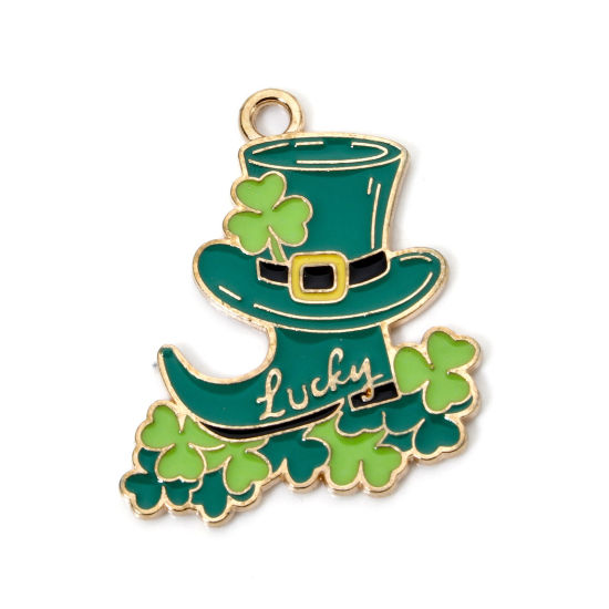 Picture of 10 PCs Zinc Based Alloy St Patrick's Day Charms Gold Plated Green Boots Enamel 28mm x 24mm