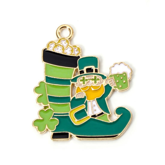 Picture of 10 PCs Zinc Based Alloy St Patrick's Day Charms Gold Plated Green Boots Enamel 28mm x 23mm