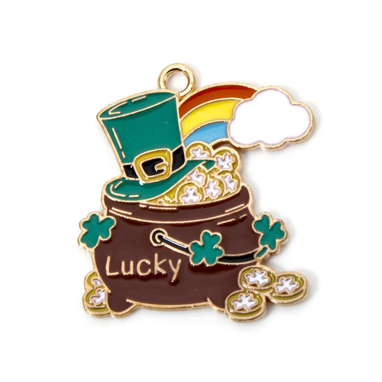 Picture of 10 PCs Zinc Based Alloy St Patrick's Day Charms Gold Plated Green Hat Rainbow Message " Lucky " Enamel 28mm x 25mm