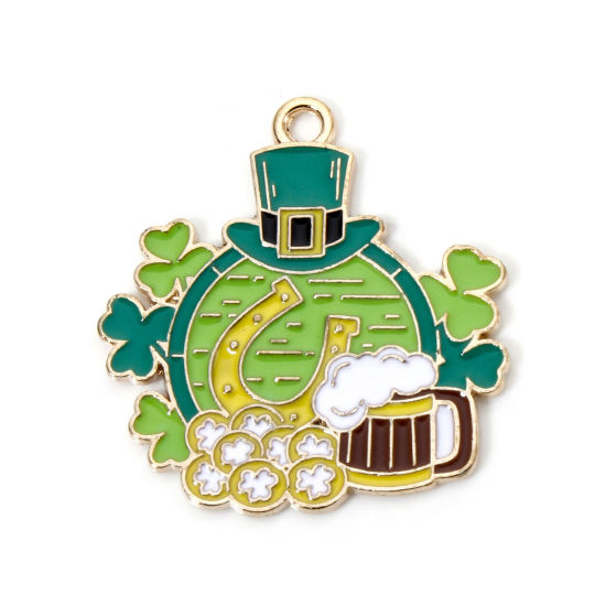 Picture of 10 PCs Zinc Based Alloy St Patrick's Day Charms Gold Plated Green Hat Hoof prints Enamel 28.5mm x 27mm