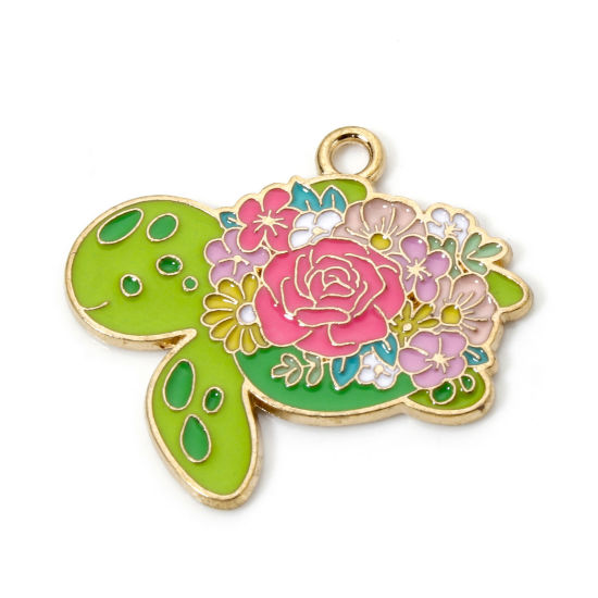 Picture of 10 PCs Zinc Based Alloy Charms Gold Plated Multicolor Tortoise Animal Flower Enamel 28mm x 25mm