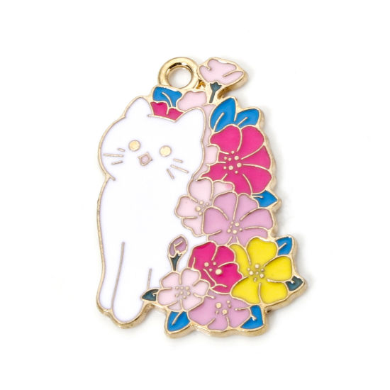 Picture of 10 PCs Zinc Based Alloy Charms Gold Plated Multicolor Cat Animal Flower Enamel 28mm x 19mm