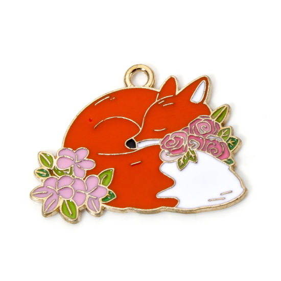 Picture of 10 PCs Zinc Based Alloy Charms Gold Plated Multicolor Fox Animal Flower Enamel 28.5mm x 21mm