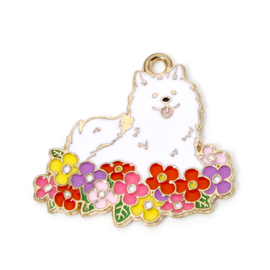 Picture of 10 PCs Zinc Based Alloy Charms Gold Plated Multicolor Dog Animal Flower Enamel 28mm x 26mm