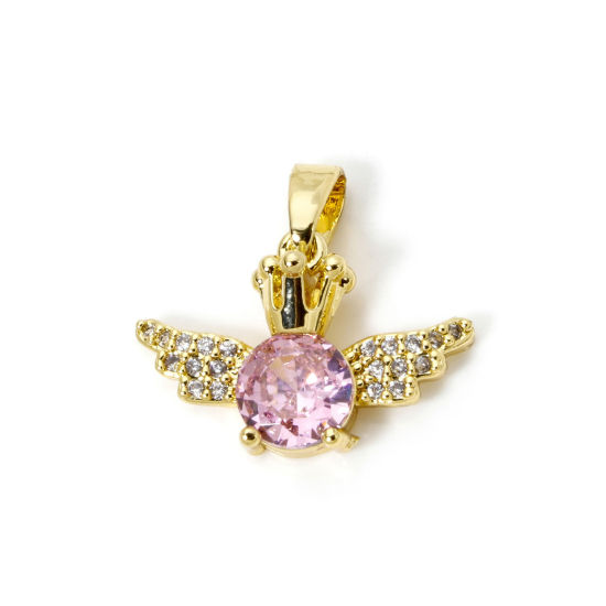 Picture of 2 PCs Brass Valentine's Day Charm Pendant 18K Gold Plated Wing Pink Cubic Zirconia 18mm x 16mm