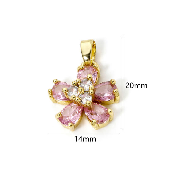 Picture of 2 PCs Brass Valentine's Day Charm Pendant 18K Gold Plated Flower Pink Cubic Zirconia 20mm x 14mm