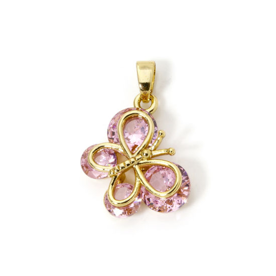 Picture of 2 PCs Brass Valentine's Day Charm Pendant 18K Gold Plated Butterfly Animal Pink Cubic Zirconia 18mm x 17mm