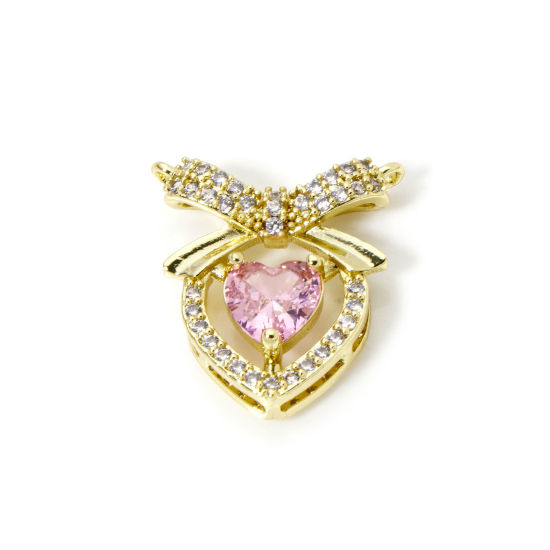 Picture of 2 PCs Brass Valentine's Day Charm Pendant 18K Gold Plated Heart Micro Pave Pink Cubic Zirconia 17mm x 16.5mm