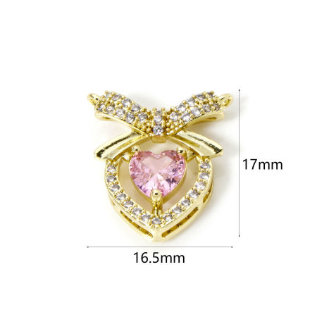Picture of 2 PCs Brass Valentine's Day Charm Pendant 18K Real Gold Plated Heart Micro Pave Pink Cubic Zirconia 17mm x 16.5mm