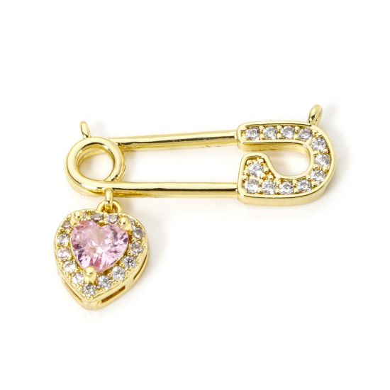 Picture of 2 PCs Brass Valentine's Day Connectors Charms Pendants 18K Gold Plated Pin Heart Micro Pave Pink Cubic Zirconia 24.5mm x 19mm