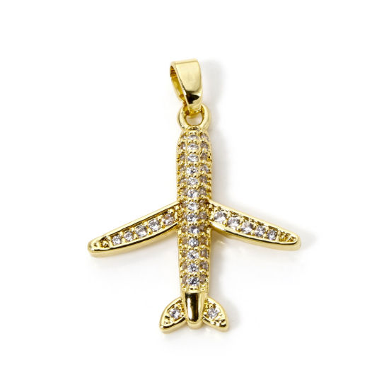 Picture of 2 PCs Brass Transport Charm Pendant 18K Gold Plated Airplane Micro Pave Clear Cubic Zirconia 29mm x 21mm