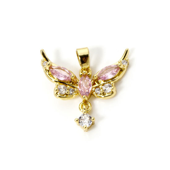 Picture of 2 PCs Brass Charm Pendant 18K Gold Plated Butterfly Animal Clear Cubic Zirconia 20mm x 20mm