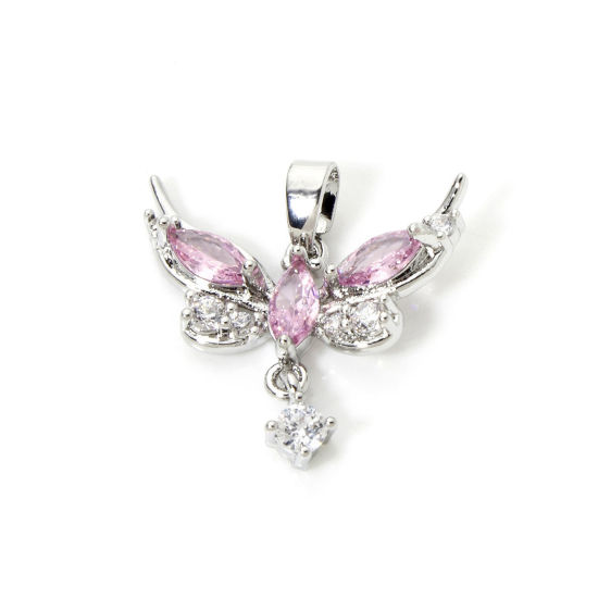 Picture of 2 PCs Brass Charm Pendant Platinum Plated Butterfly Animal Clear Cubic Zirconia 20mm x 20mm