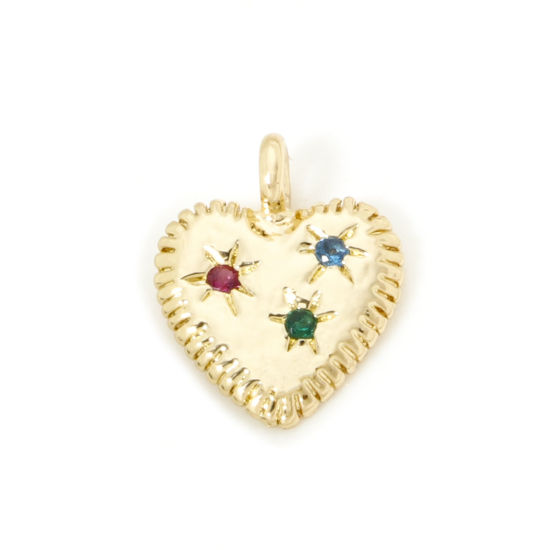 Picture of 1 Piece Brass Valentine's Day Charms 18K Gold Plated Heart Star Multicolour Cubic Zirconia 12.5mm x 10mm