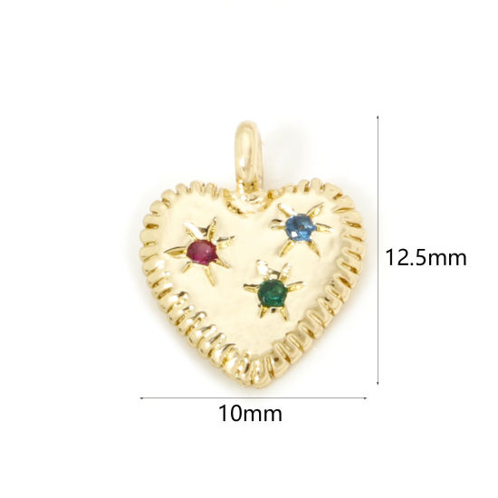 Picture of 1 Piece Brass Valentine's Day Charms 18K Gold Plated Heart Star Multicolour Cubic Zirconia 12.5mm x 10mm