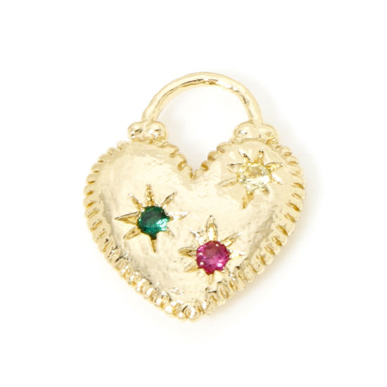 Picture of 1 Piece Brass Valentine's Day Charms 18K Gold Plated Heart Star Multicolour Cubic Zirconia 18mm x 14mm