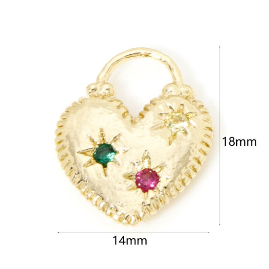 Picture of 1 Piece Brass Valentine's Day Charms 18K Gold Plated Heart Star Multicolour Cubic Zirconia 18mm x 14mm