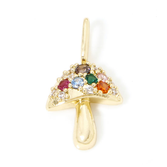 Picture of 1 Piece Brass Charms 18K Gold Plated Mushroom Multicolour Cubic Zirconia 22mm x 12mm