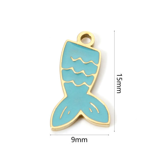 Picture of 1 Piece Eco-friendly PVD Vacuum Plating 304 Stainless Steel Charms 18K Gold Plated Blue Fishtail Enamel 15mm x 9mm