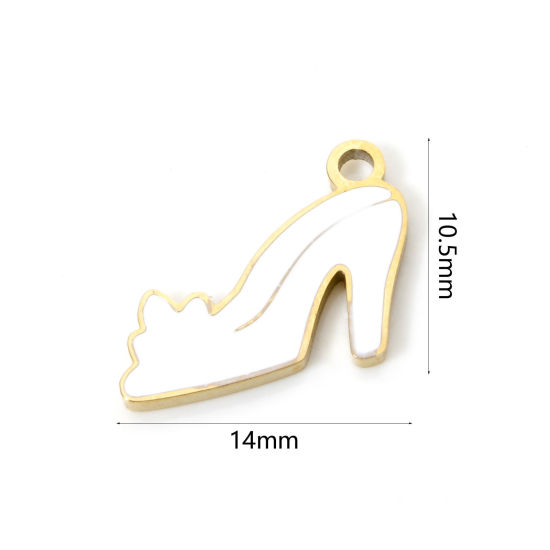 Picture of 1 Piece Eco-friendly PVD Vacuum Plating 304 Stainless Steel Charms 18K Gold Plated White High-heeled Shoes Enamel 14mm x 10.5mm