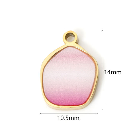 Picture of 1 Piece Eco-friendly PVD Vacuum Plating 304 Stainless Steel Charms 18K Gold Plated Pink Pentagon Enamel 14mm x 10.5mm