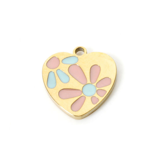 Picture of 1 Piece Eco-friendly PVD Vacuum Plating 304 Stainless Steel Charms 18K Gold Plated Heart Flower Enamel 11mm x 10.5mm