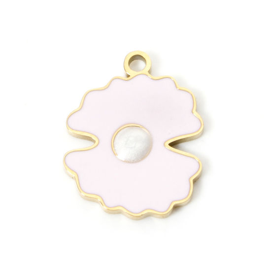 Picture of 1 Piece Eco-friendly PVD Vacuum Plating 304 Stainless Steel Charms 18K Gold Plated White Shell Enamel 16mm x 13mm