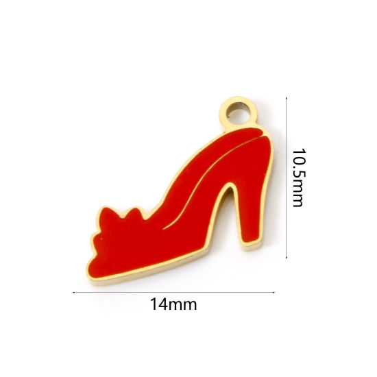 Picture of 1 Piece Eco-friendly PVD Vacuum Plating 304 Stainless Steel Charms 18K Gold Plated Red High-heeled Shoes Enamel 14mm x 10.5mm