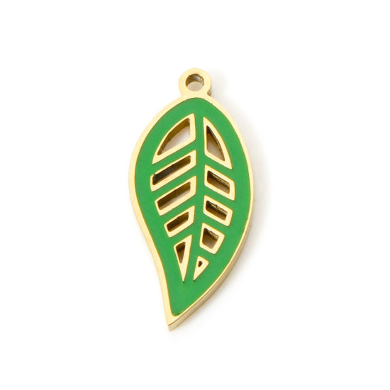 Picture of 1 Piece Eco-friendly PVD Vacuum Plating 304 Stainless Steel Charms 18K Gold Plated Green Leaf Enamel 17mm x 8mm