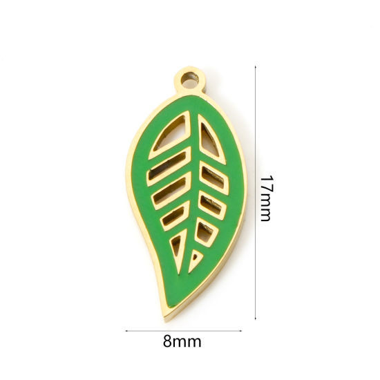 Picture of 1 Piece Eco-friendly PVD Vacuum Plating 304 Stainless Steel Charms 18K Gold Plated Green Leaf Enamel 17mm x 8mm