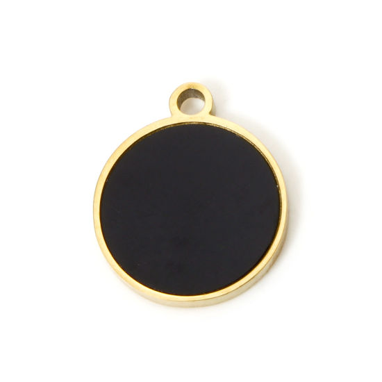 Изображение 1 Piece Vacuum Plating 304 Stainless Steel & Natural Shell Charms 18K Gold Plated Black Round 14mm x 12mm