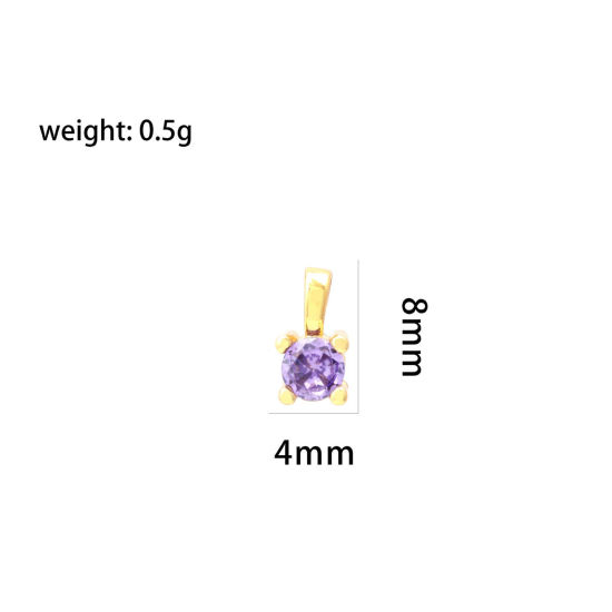 Picture of 5 PCs Brass Charms 18K Gold Plated Square Round Mini Purple Cubic Zirconia 8mm x 4mm