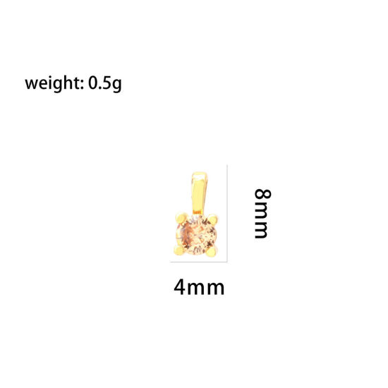 Picture of 5 PCs Brass Charms 18K Gold Plated Square Round Mini Champagne Cubic Zirconia 8mm x 4mm