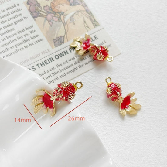 Image de 1 Piece Eco-friendly Brass Ocean Jewelry Charms 18K Real Gold Plated Red Goldfish Movable Orange-red Cubic Zirconia Enamel 26mm x 14mm