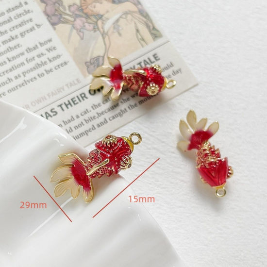 Image de 1 Piece Eco-friendly Brass Ocean Jewelry Charms 18K Real Gold Plated Red Goldfish Movable Orange-red Cubic Zirconia Enamel 29mm x 15mm