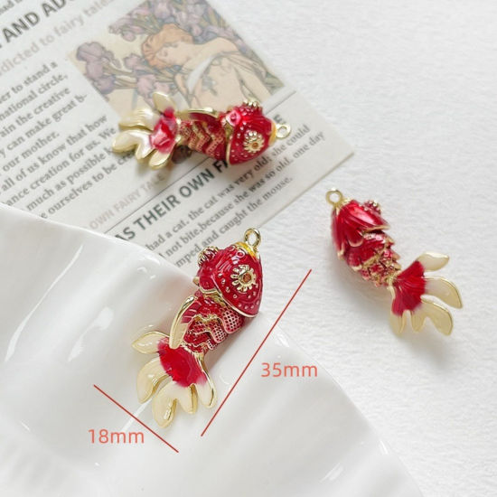 Image de 1 Piece Eco-friendly Brass Ocean Jewelry Charms 18K Real Gold Plated Red Goldfish Movable Orange-red Cubic Zirconia Enamel 3.5cm x 1.8cm