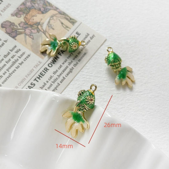 Image de 1 Piece Eco-friendly Brass Ocean Jewelry Charms 18K Real Gold Plated Green Goldfish Movable Orange-red Cubic Zirconia Enamel 26mm x 14mm