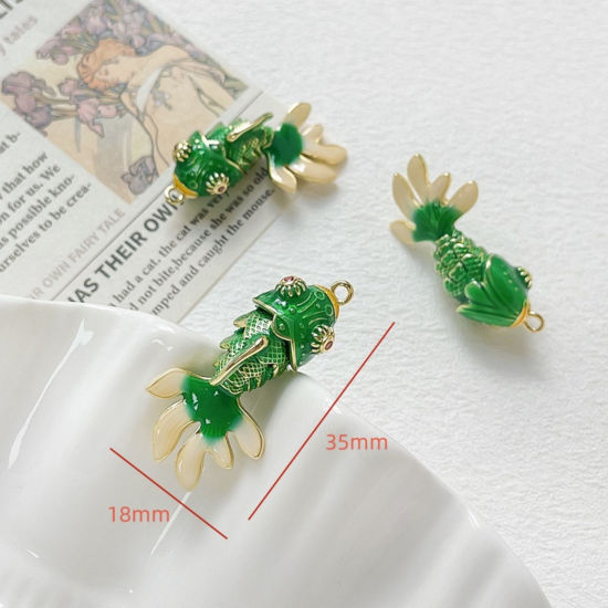 Image de 1 Piece Eco-friendly Brass Ocean Jewelry Charms 18K Real Gold Plated Green Goldfish Movable Orange-red Cubic Zirconia Enamel 3.5cm x 1.8cm